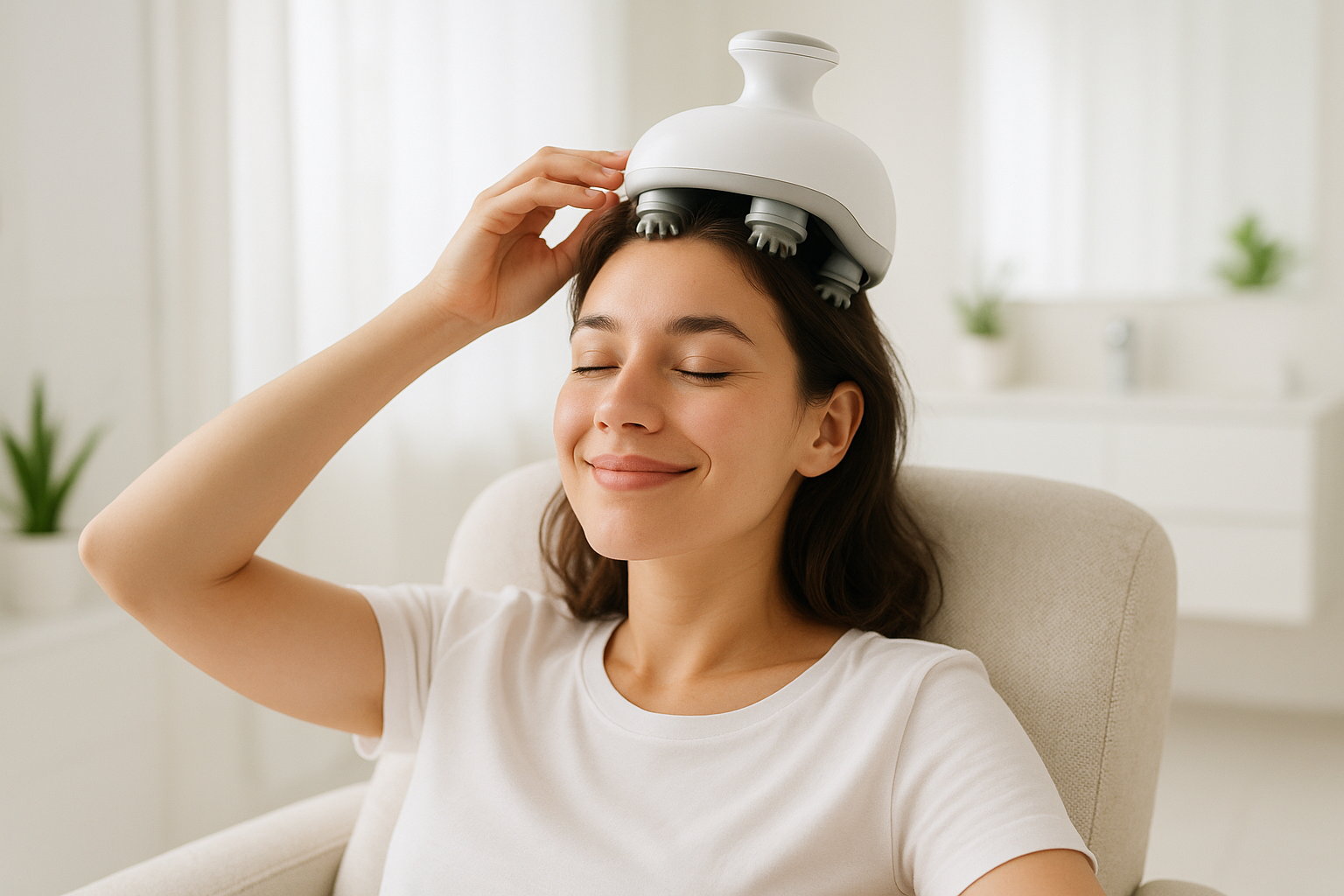 Video of girl using head massager in full joy